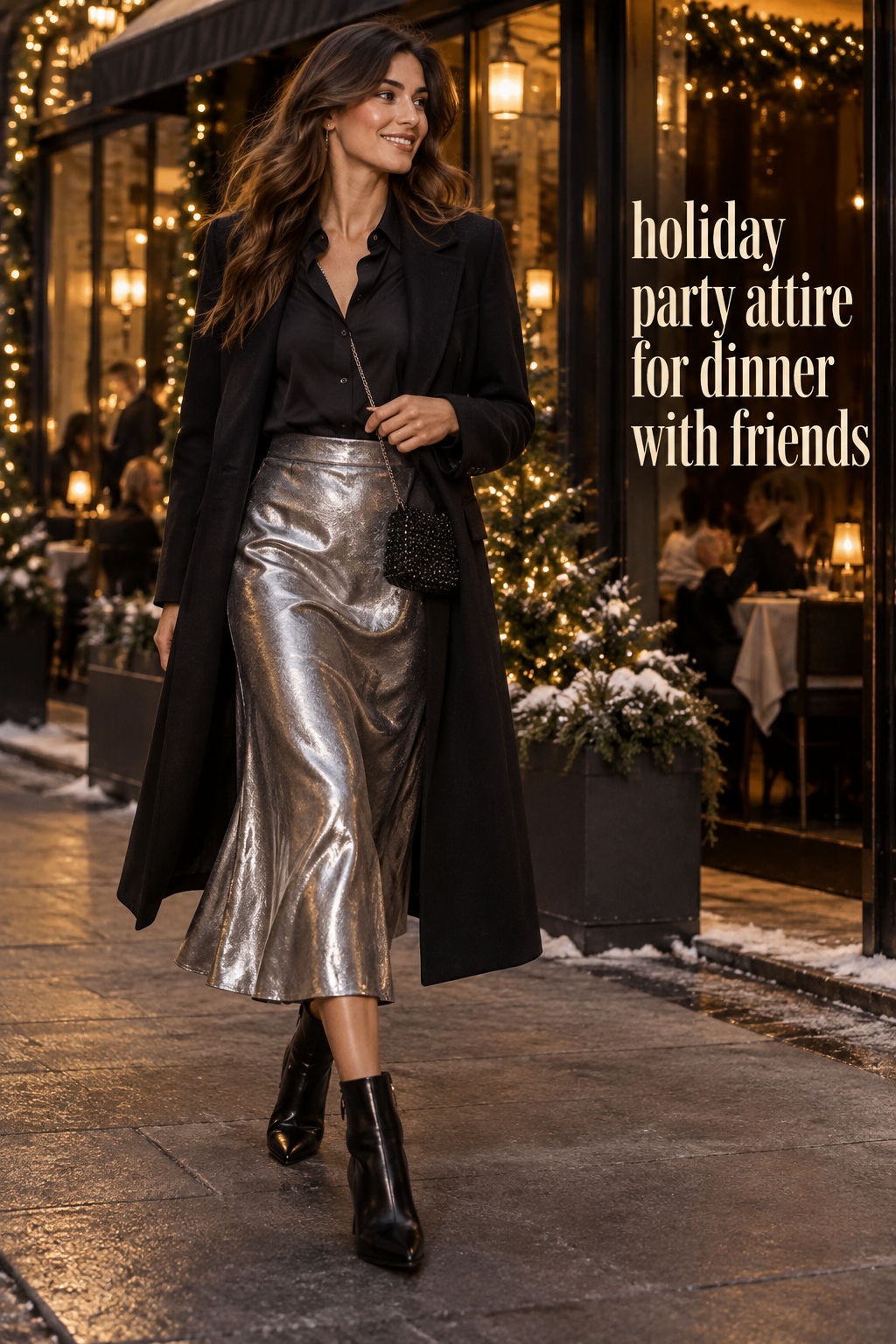 holiday party attire with black shirt silver skirt and beaded bag