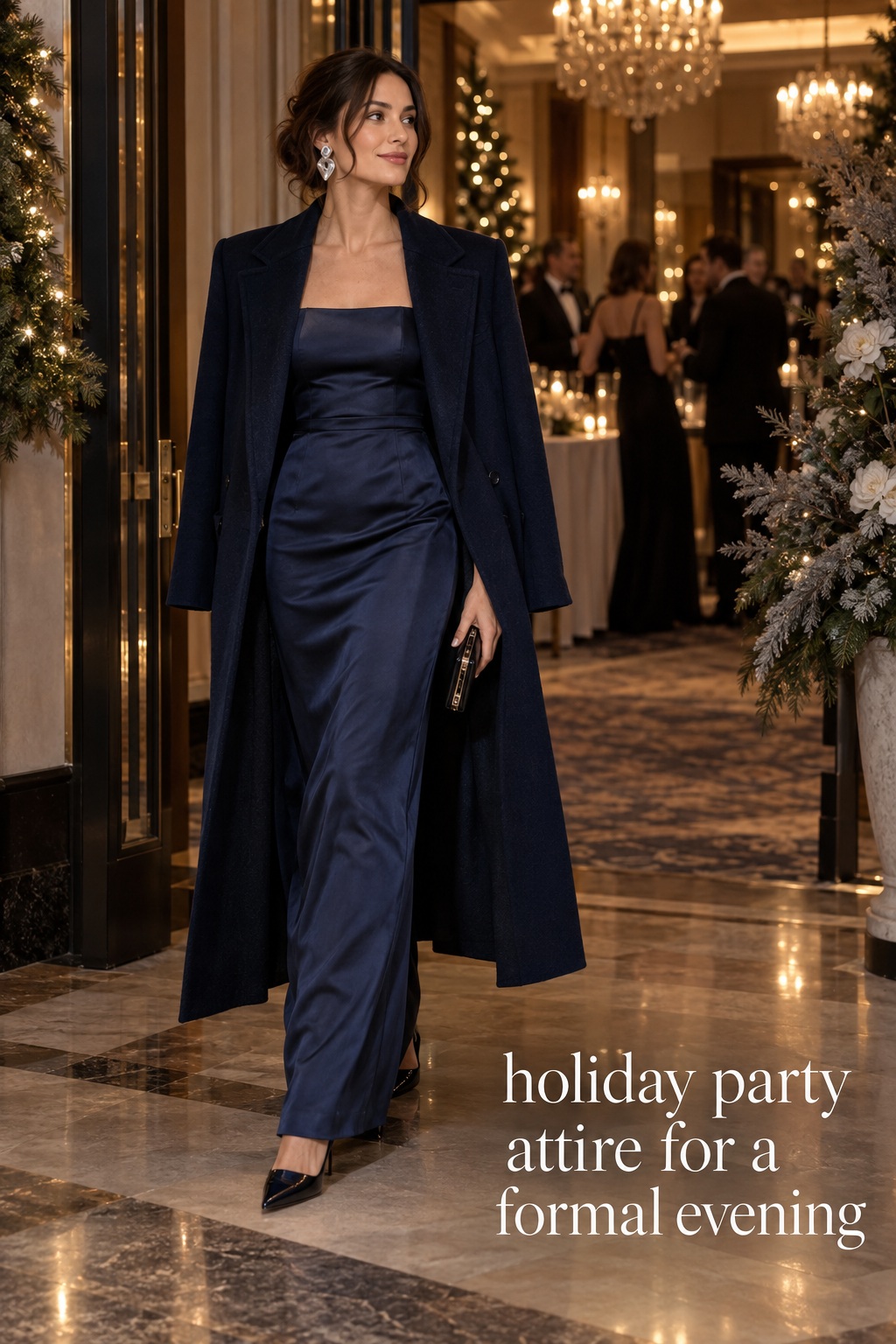 holiday party attire flat lay with velvet clutch and festive separates