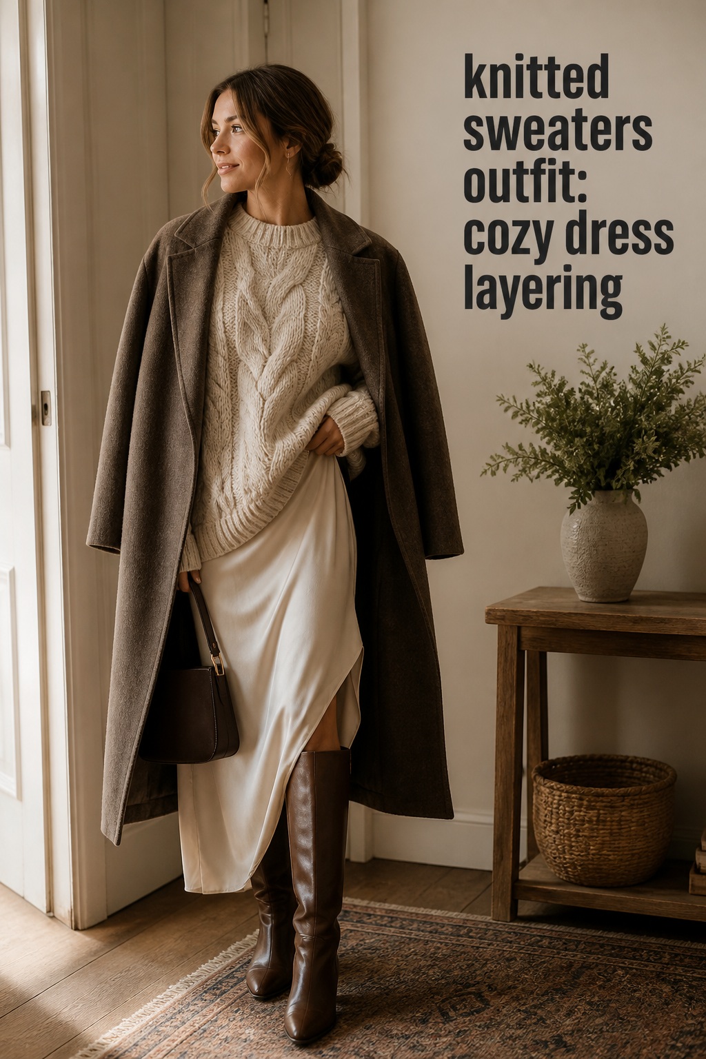 Knitted sweaters outfit with oatmeal cable knit over slip dress and tall boots