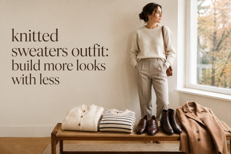 Knitted sweaters outfit capsule with cream sweater, cardigan, striped knit, trousers, and coats