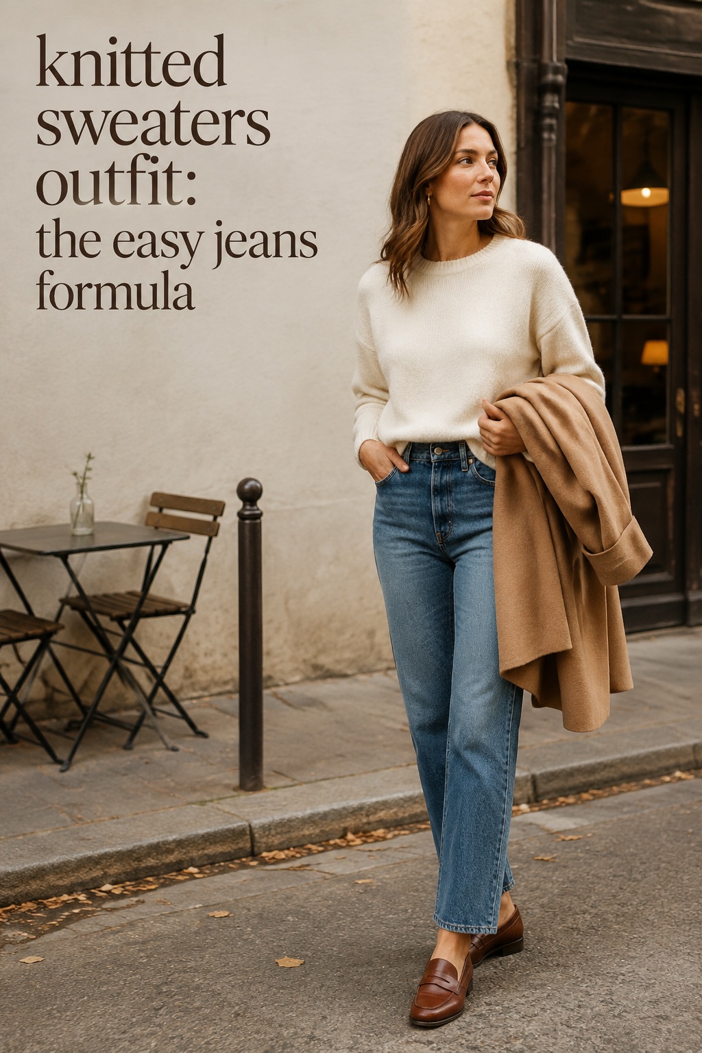 Knitted sweaters outfit with cream crewneck, straight jeans, loafers, and camel coat
