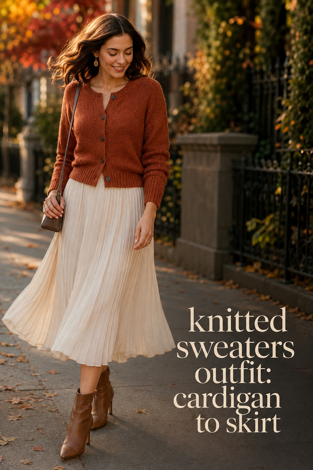 Knitted sweaters outfit with rust cardigan, pleated midi skirt, boots, and bag
