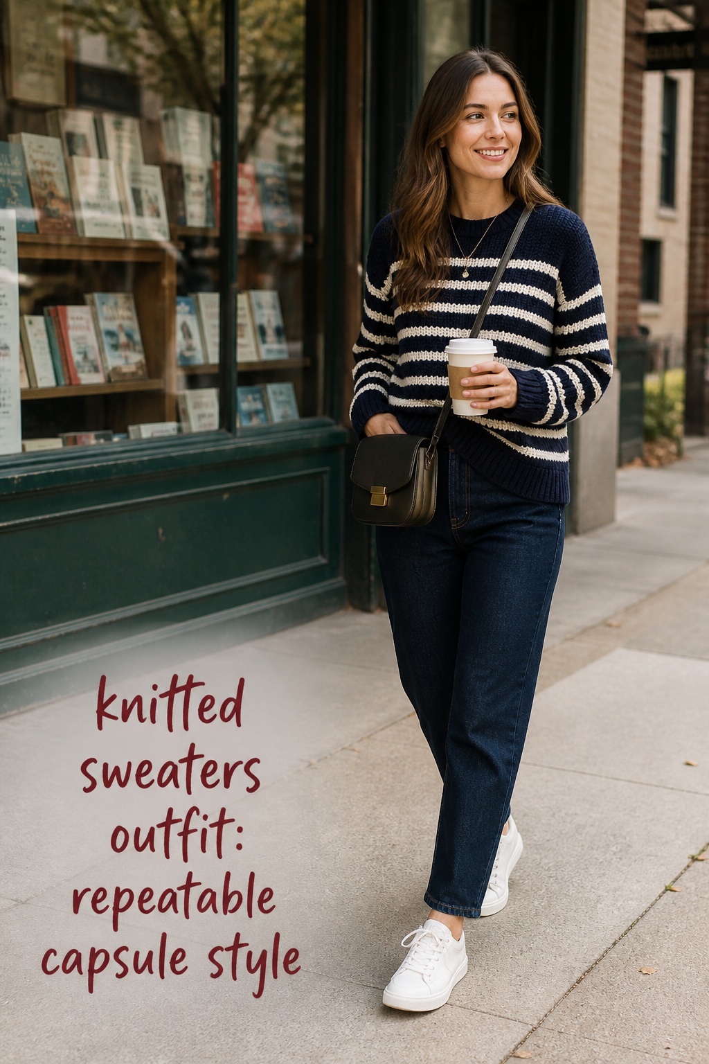 Knitted sweaters outfit with navy striped sweater, jeans, sneakers, and crossbody