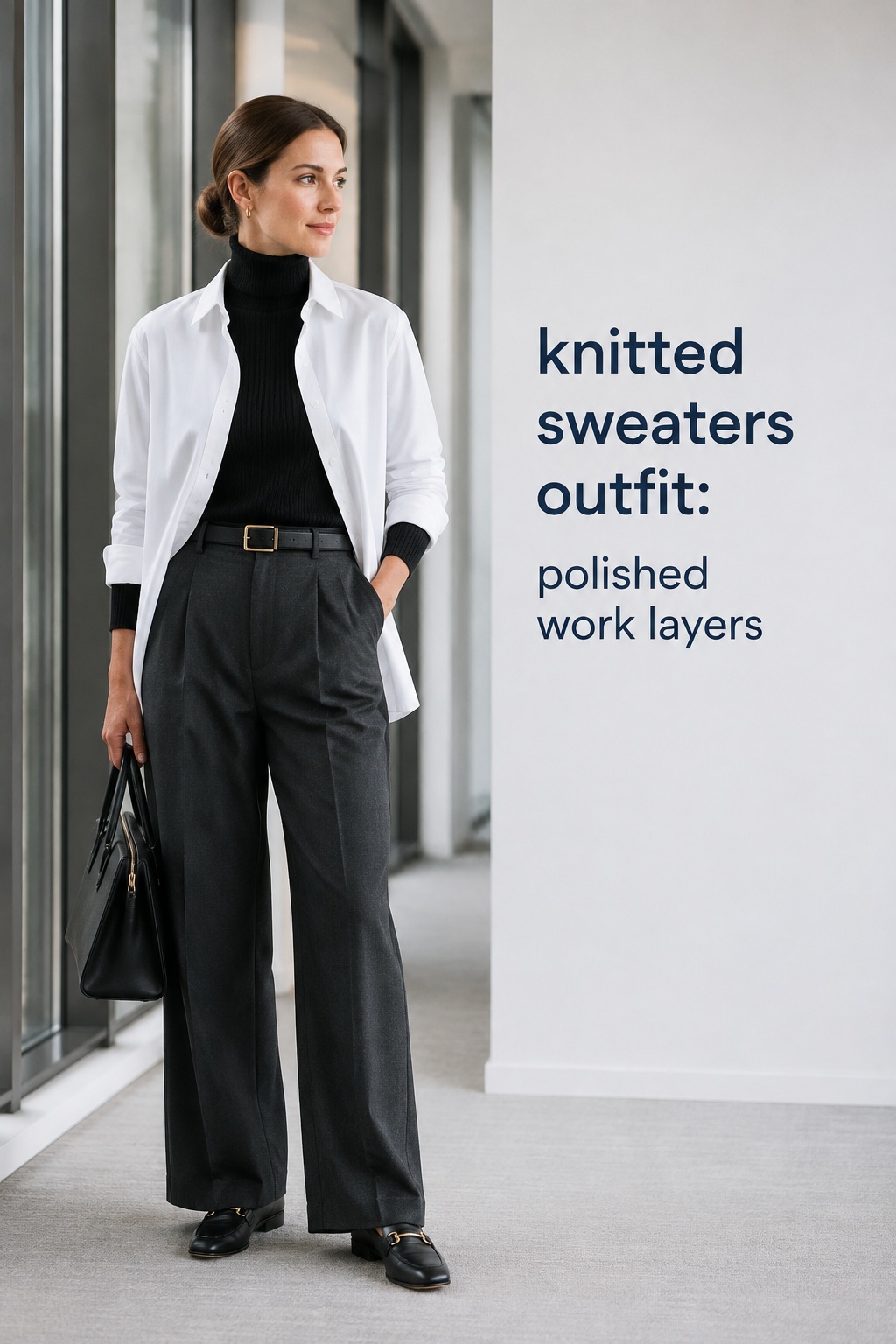 Knitted sweaters outfit with black turtleneck, white shirt, trousers, and loafers