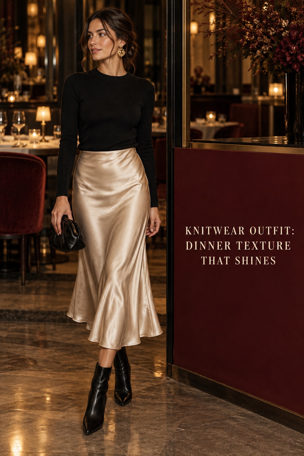 knitwear outfit for dinner with black fine-knit top, satin midi skirt, boots, and clutch