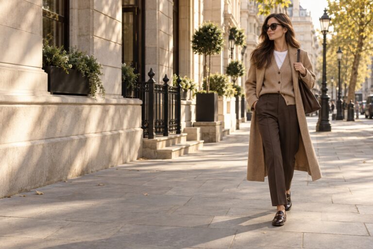knitwear outfit hero with camel cardigan, tailored chocolate trousers, loafers, and long wool coat