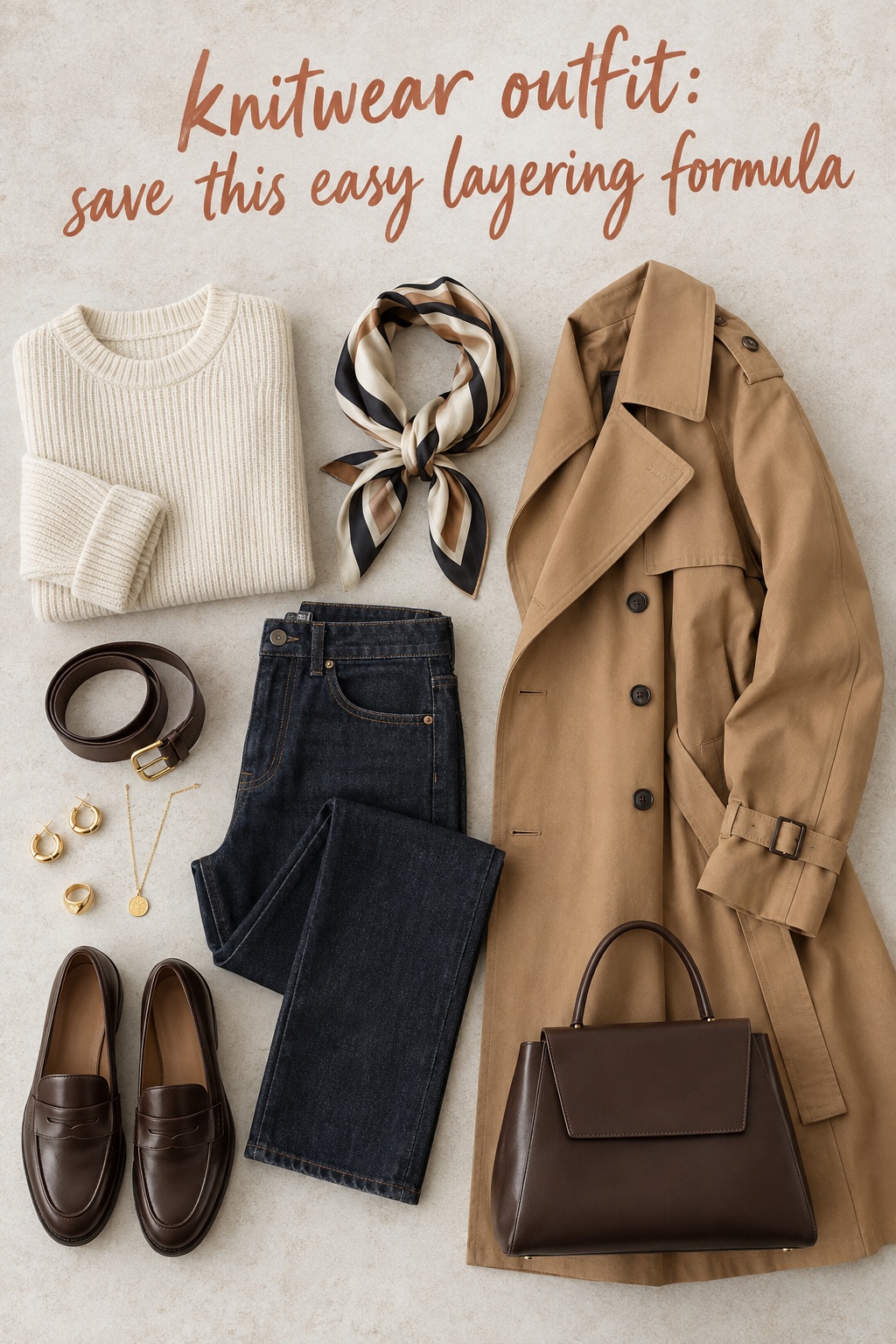 knitwear outfit flat lay with ribbed sweater, jeans, trench coat, scarf, loafers, jewelry, and bag