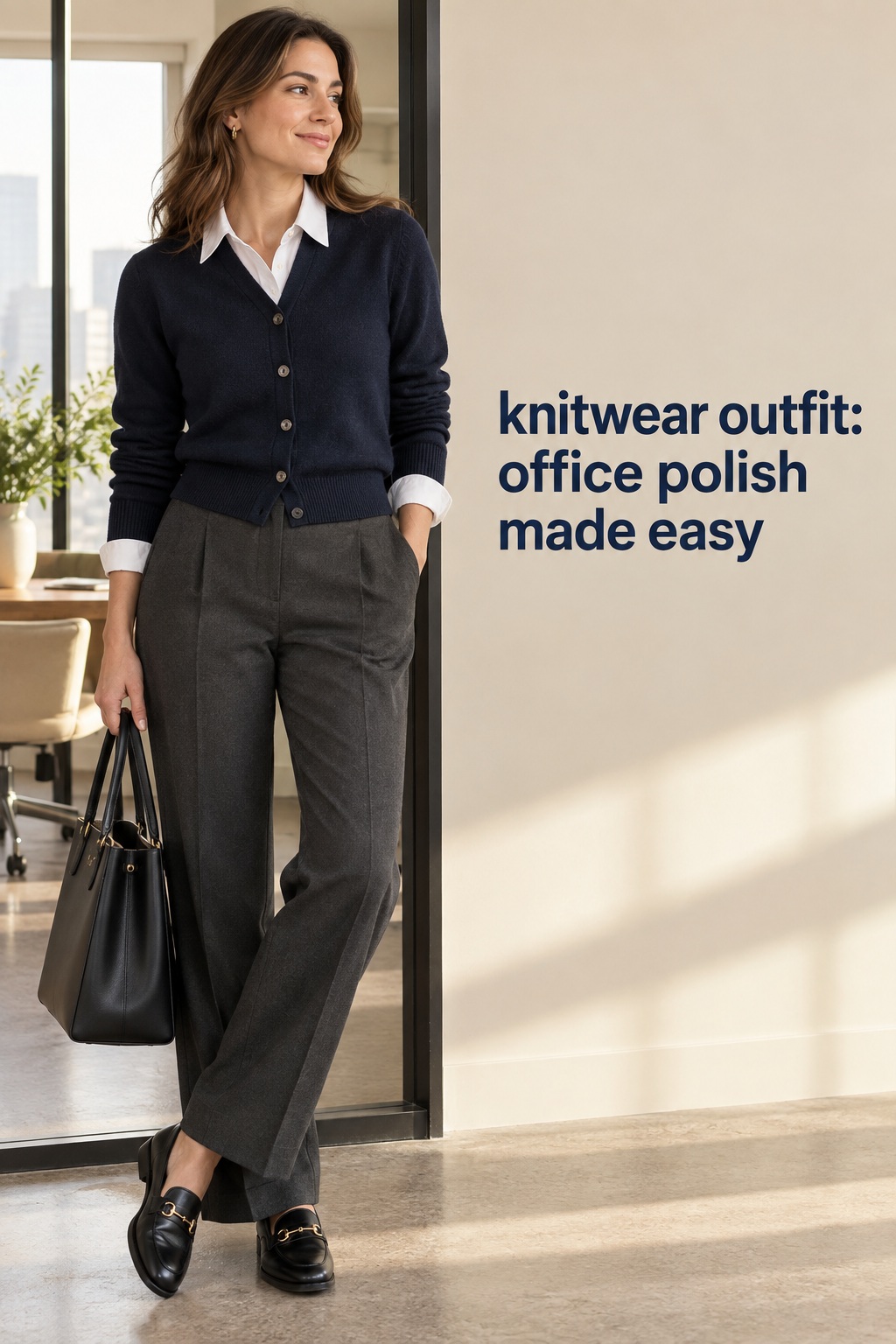knitwear outfit for work with navy cardigan, white shirt, charcoal trousers, loafers, and tote