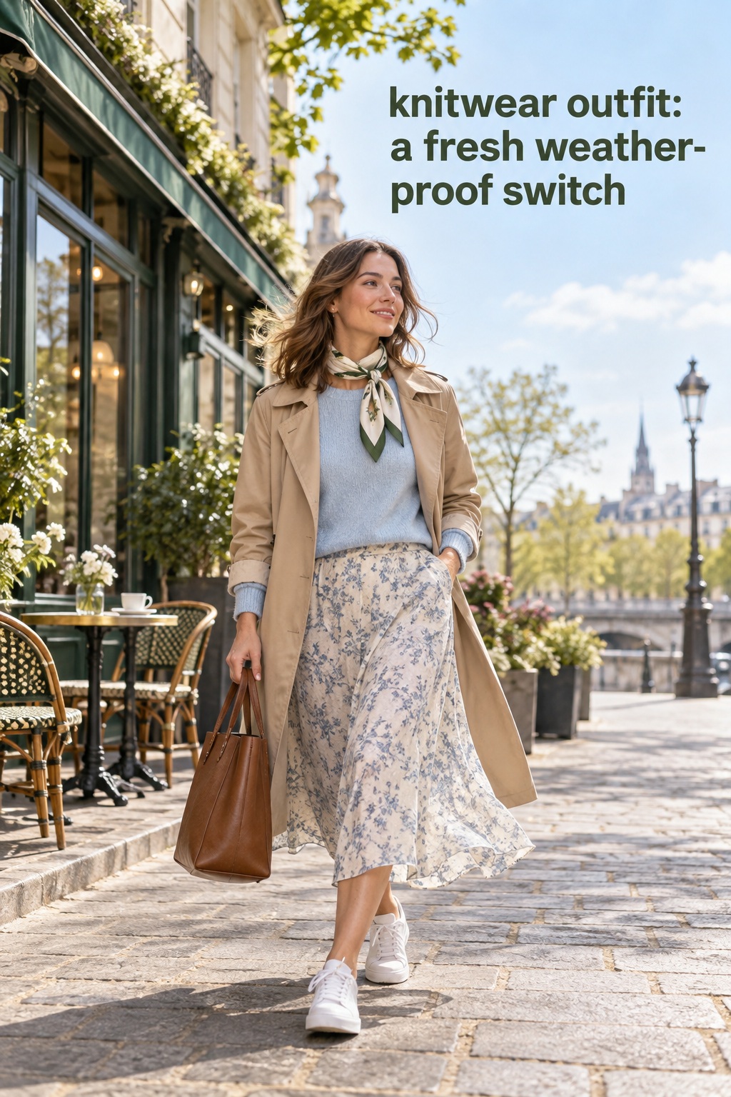 knitwear outfit for changing weather with pale blue sweater, midi skirt, tan trench, scarf, and sneakers