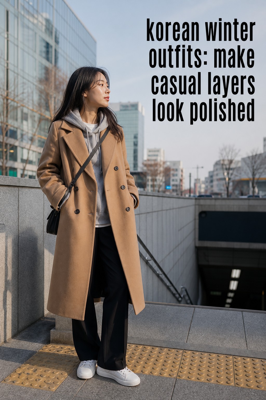 korean winter outfits with a camel coat, gray hoodie, black trousers, and polished sneakers
