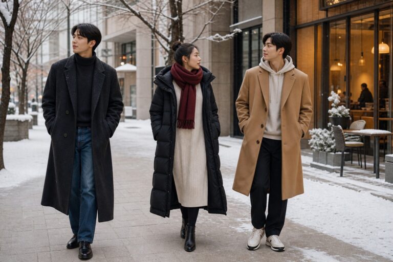 Korean winter outfits editorial scene with long coat, puffer, and camel coat looks in snowy Seoul