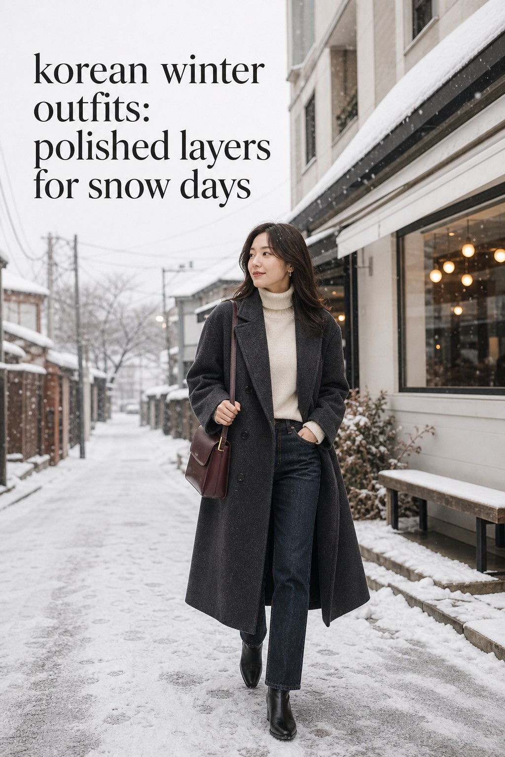 korean winter outfits with a charcoal coat, cream turtleneck, denim, and boots in snowy Seoul
