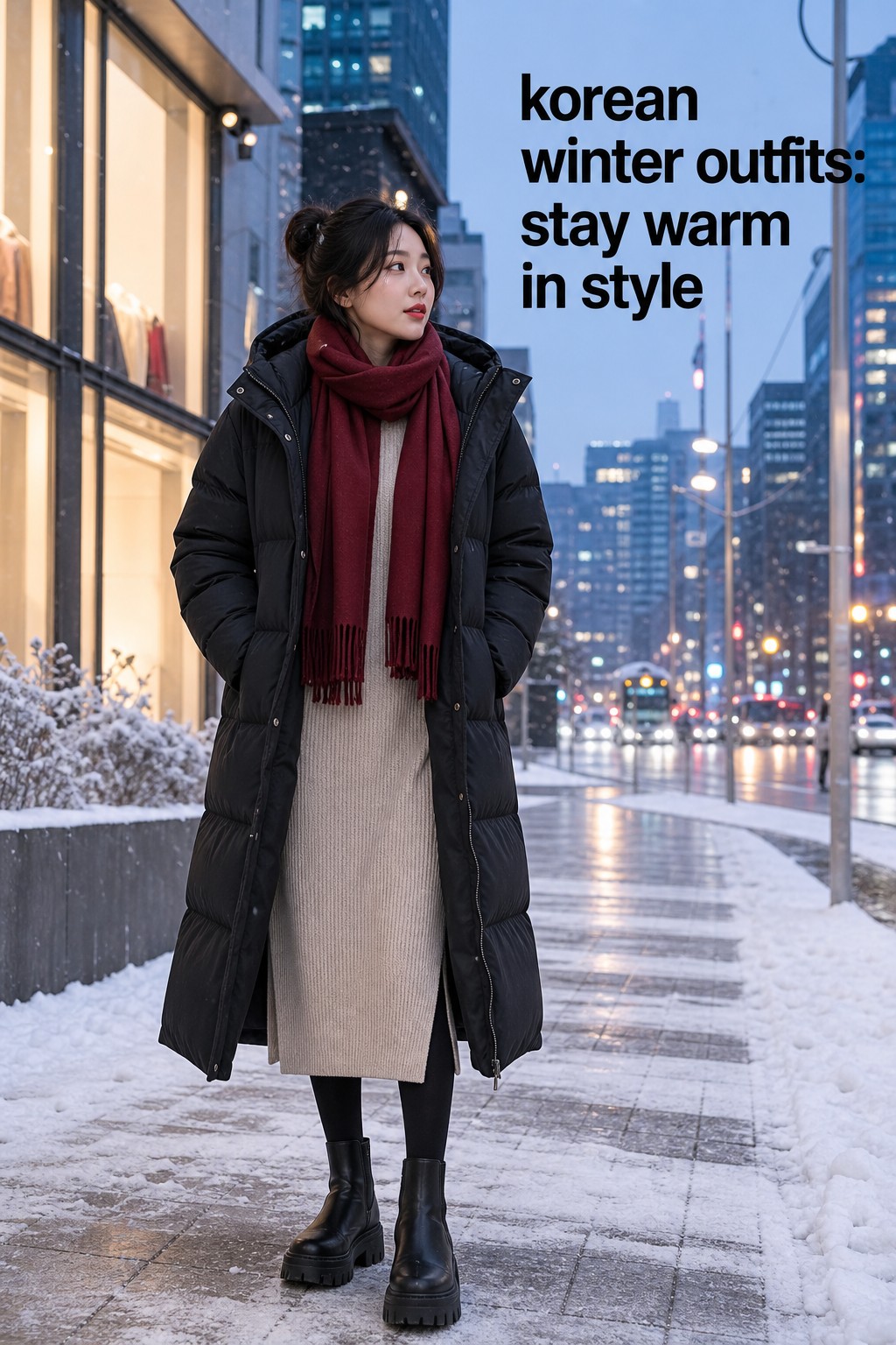 korean winter outfits with a long black puffer, oatmeal knit dress, red scarf, and lug boots