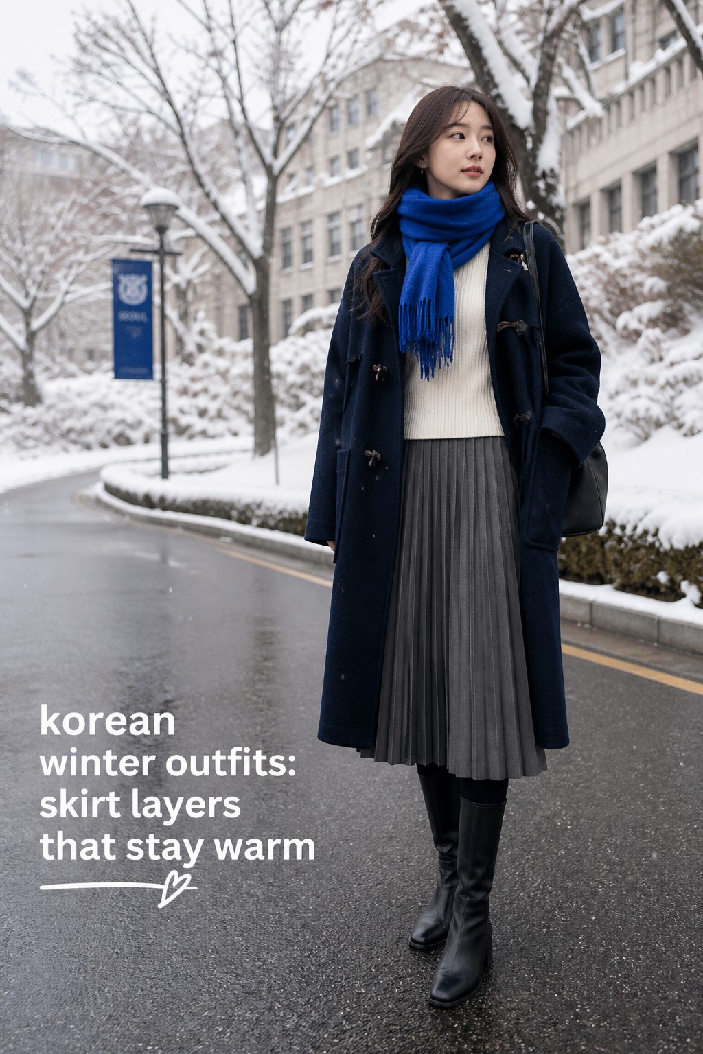 korean winter outfits with a navy duffel coat, pleated skirt, tights, boots, and blue scarf