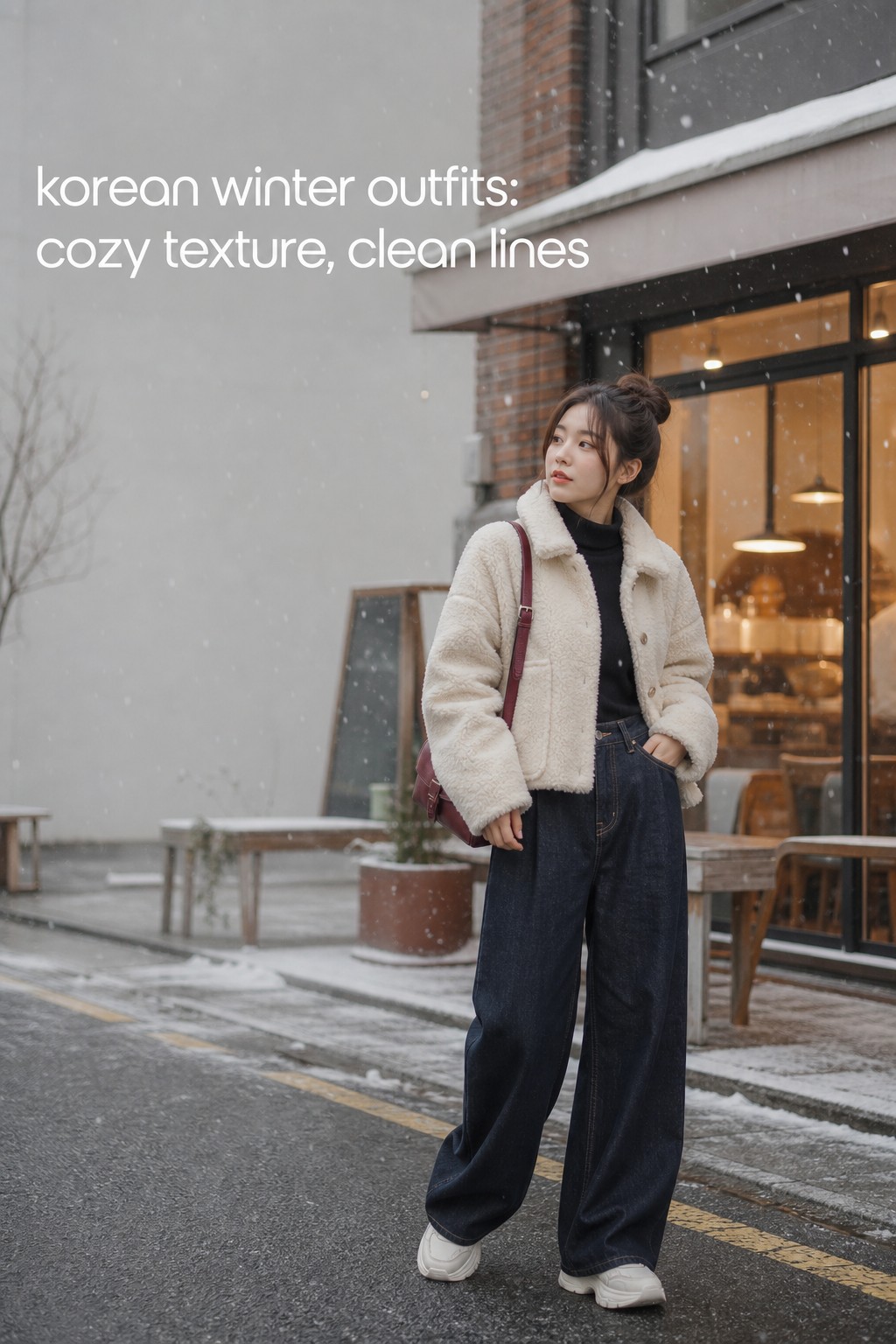 korean winter outfits with an ivory teddy jacket, black knit, wide denim, and white sneakers