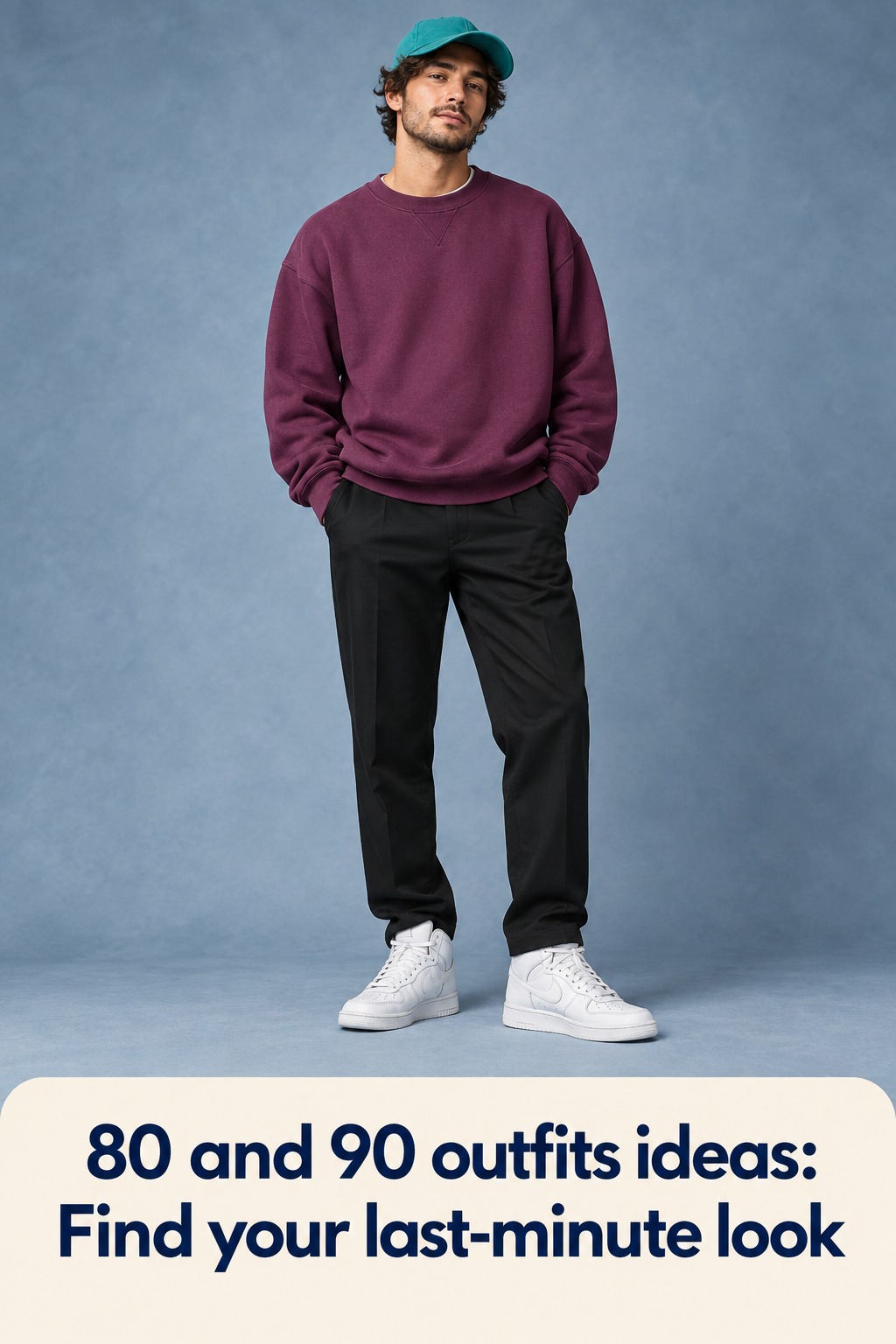 80 and 90 outfits ideas easy look with plum sweatshirt, black trousers and teal cap