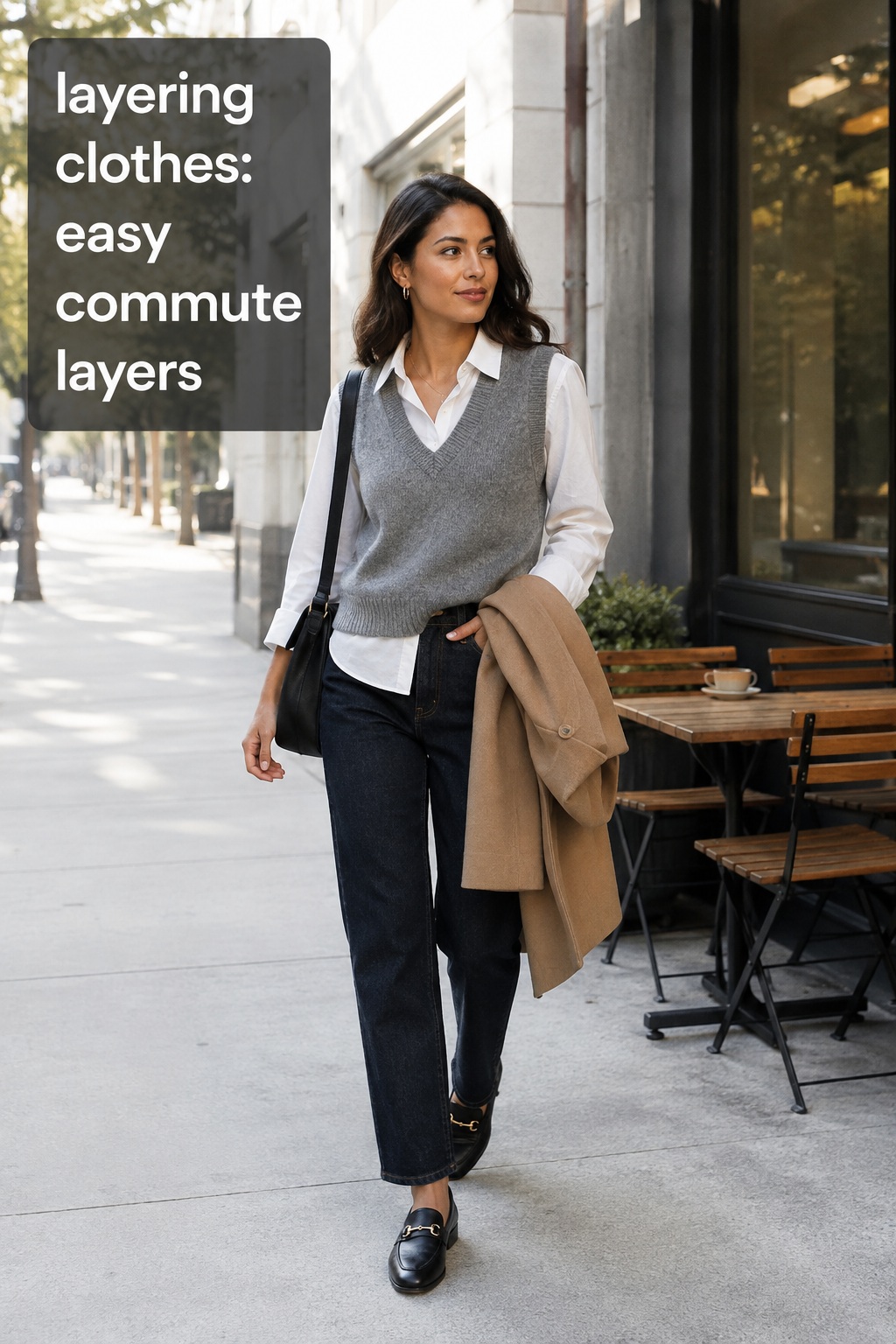 layering clothes for an easy commute with a shirt, sweater vest, jeans, and coat