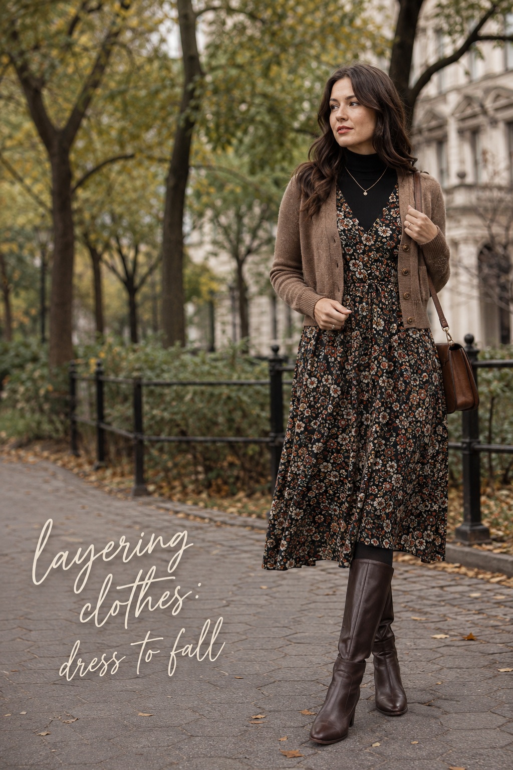 layering clothes over a floral dress with a turtleneck, cardigan, tights, and boots
