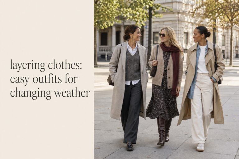 layering clothes guide with three women in polished transitional outfits