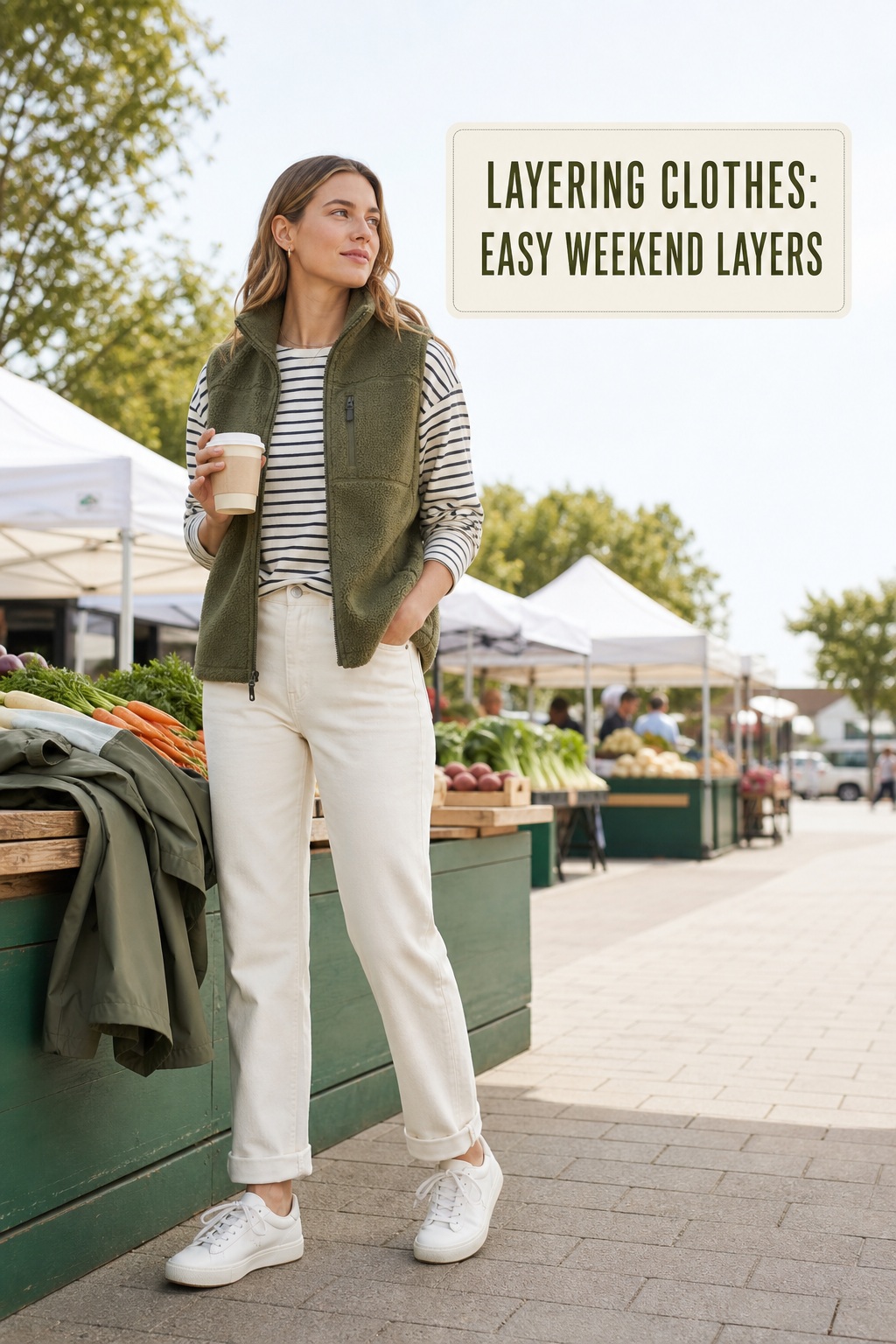 layering clothes for an easy weekend with a striped tee, fleece vest, denim, and sneakers