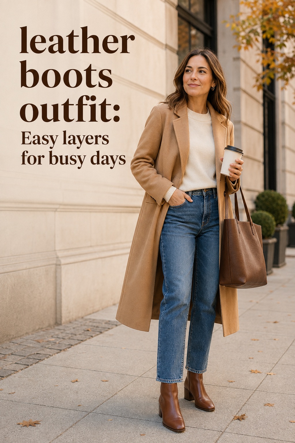 Leather boots outfit with blue jeans, ivory sweater, camel coat, and brown ankle boots