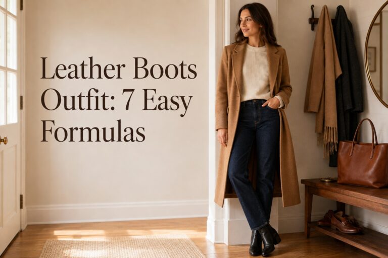 Leather boots outfit with dark jeans, ivory sweater, camel coat, and black ankle boots