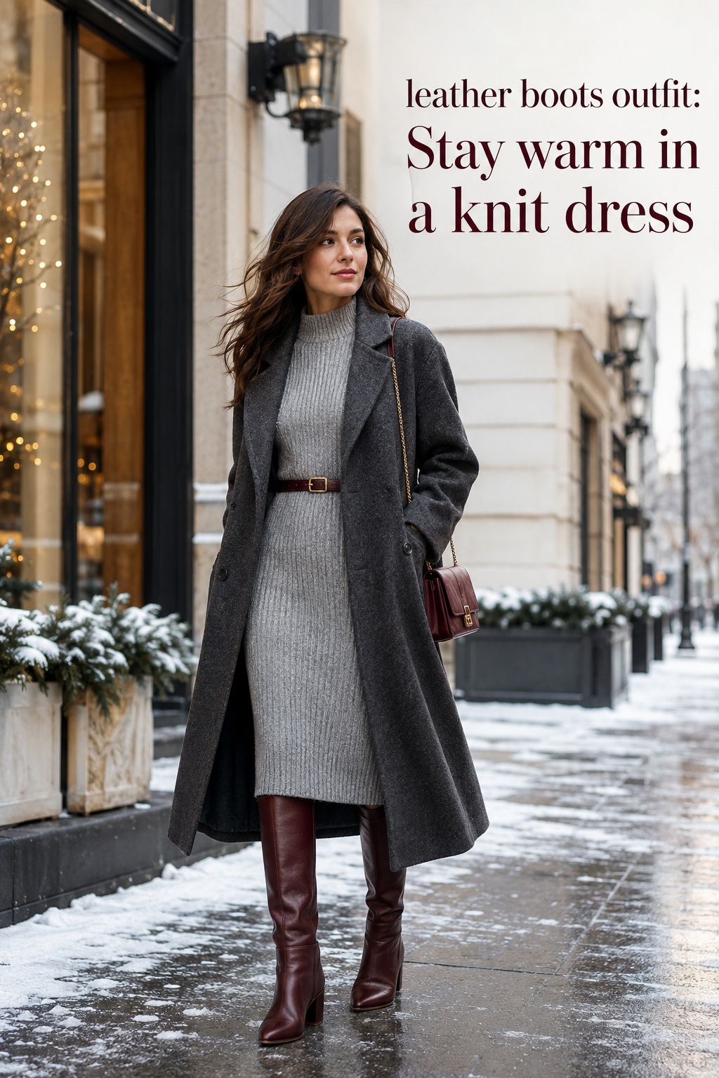 Leather boots outfit with gray knit midi dress, wool coat, and burgundy knee-high boots