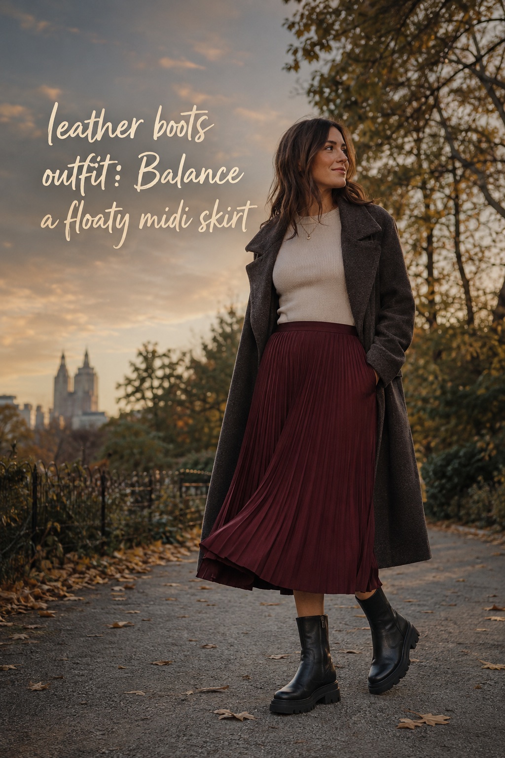 Leather boots outfit with burgundy pleated midi skirt, oatmeal sweater, and lug boots