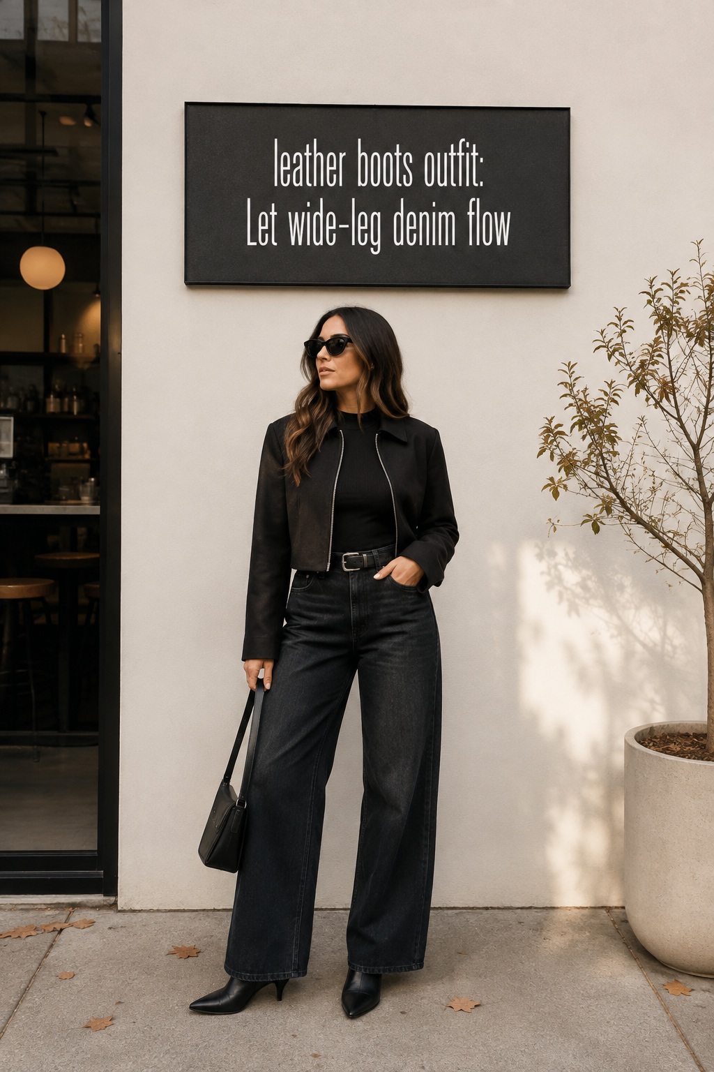 Leather boots outfit with wide-leg dark denim, black jacket, and pointed ankle boots