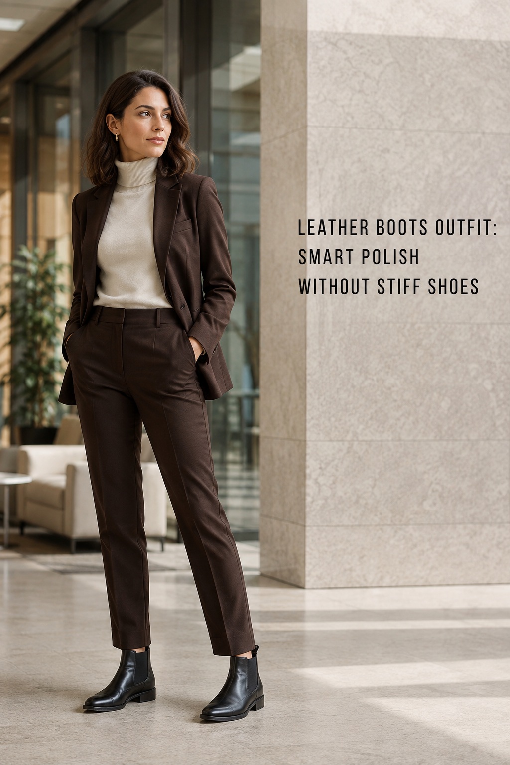 Leather boots outfit with brown tailored trousers, cream turtleneck, and black Chelsea boots