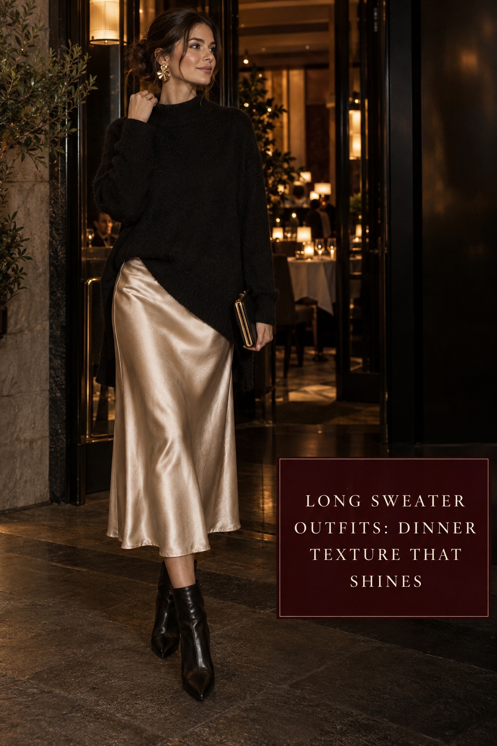 long sweater outfits for dinner with black knit, champagne satin midi skirt, boots, and clutch