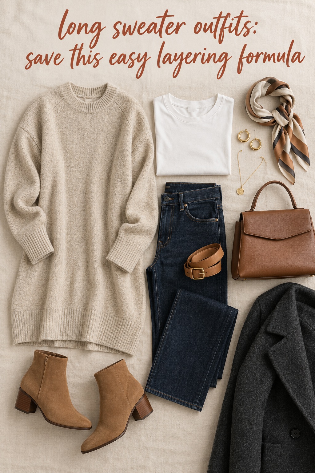 long sweater outfits flat lay with oatmeal knit, dark jeans, boots, bag, scarf, and coat