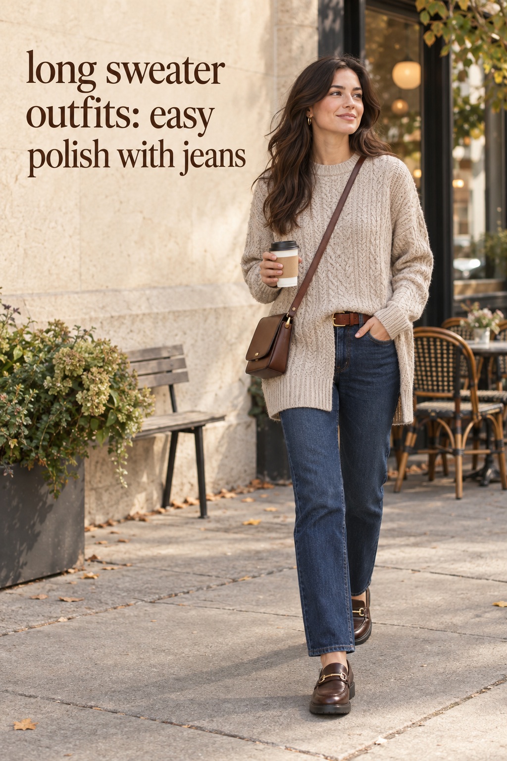 long sweater outfits with oatmeal knit, straight dark jeans, loafers, belt, and crossbody bag