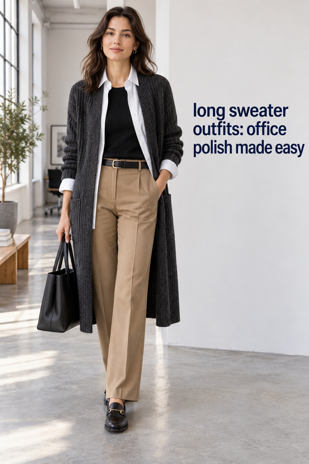 long sweater outfits for work with charcoal cardigan, white shirt, camel trousers, and loafers