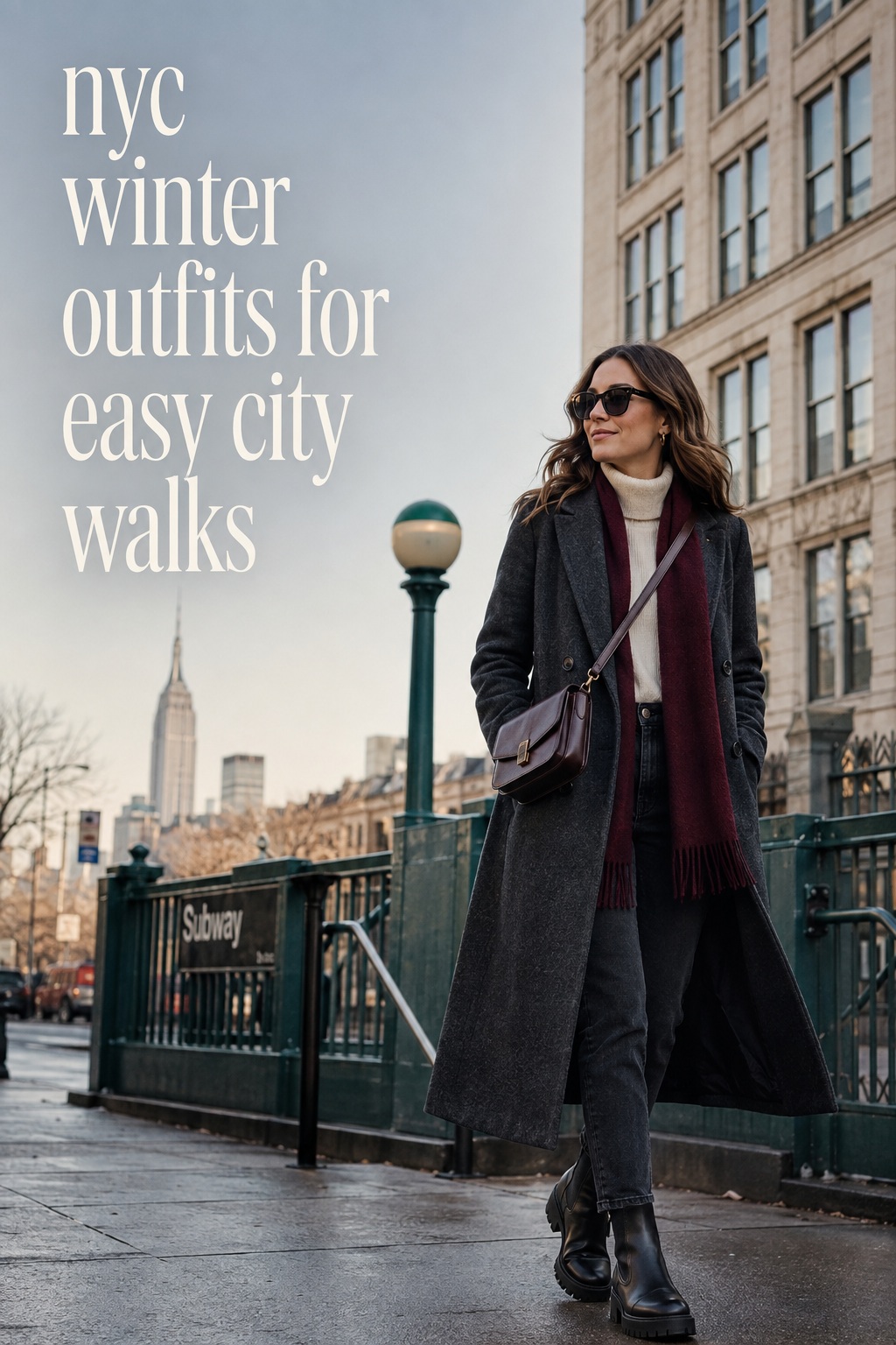 nyc winter outfits with charcoal coat, turtleneck, dark jeans, boots and burgundy scarf by a Manhattan subway