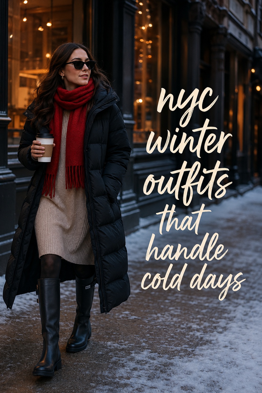 nyc winter outfits with long black puffer, oatmeal knit dress, tights, waterproof boots and red scarf in SoHo
