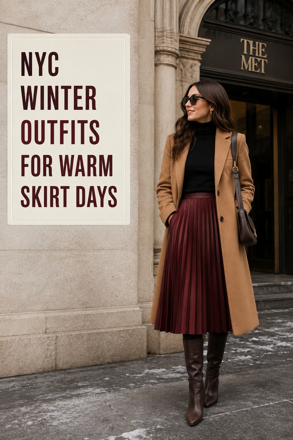 nyc winter outfits with burgundy pleated midi skirt, black turtleneck, camel coat and tall boots by a museum