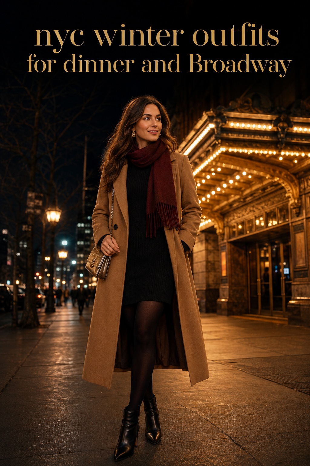 nyc winter outfits evening look with black knit dress, camel coat, ankle boots and scarf outside Broadway theater