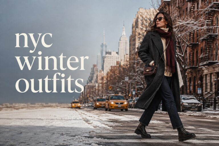 nyc winter outfits street style with charcoal coat, cream knit, dark jeans, lug boots and burgundy scarf on a snowy Manhattan avenue