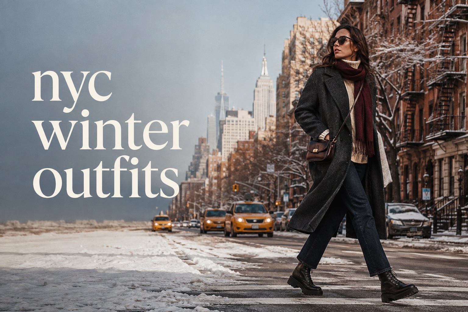nyc winter outfits street style with charcoal coat, cream knit, dark jeans, lug boots and burgundy scarf on a snowy Manhattan avenue