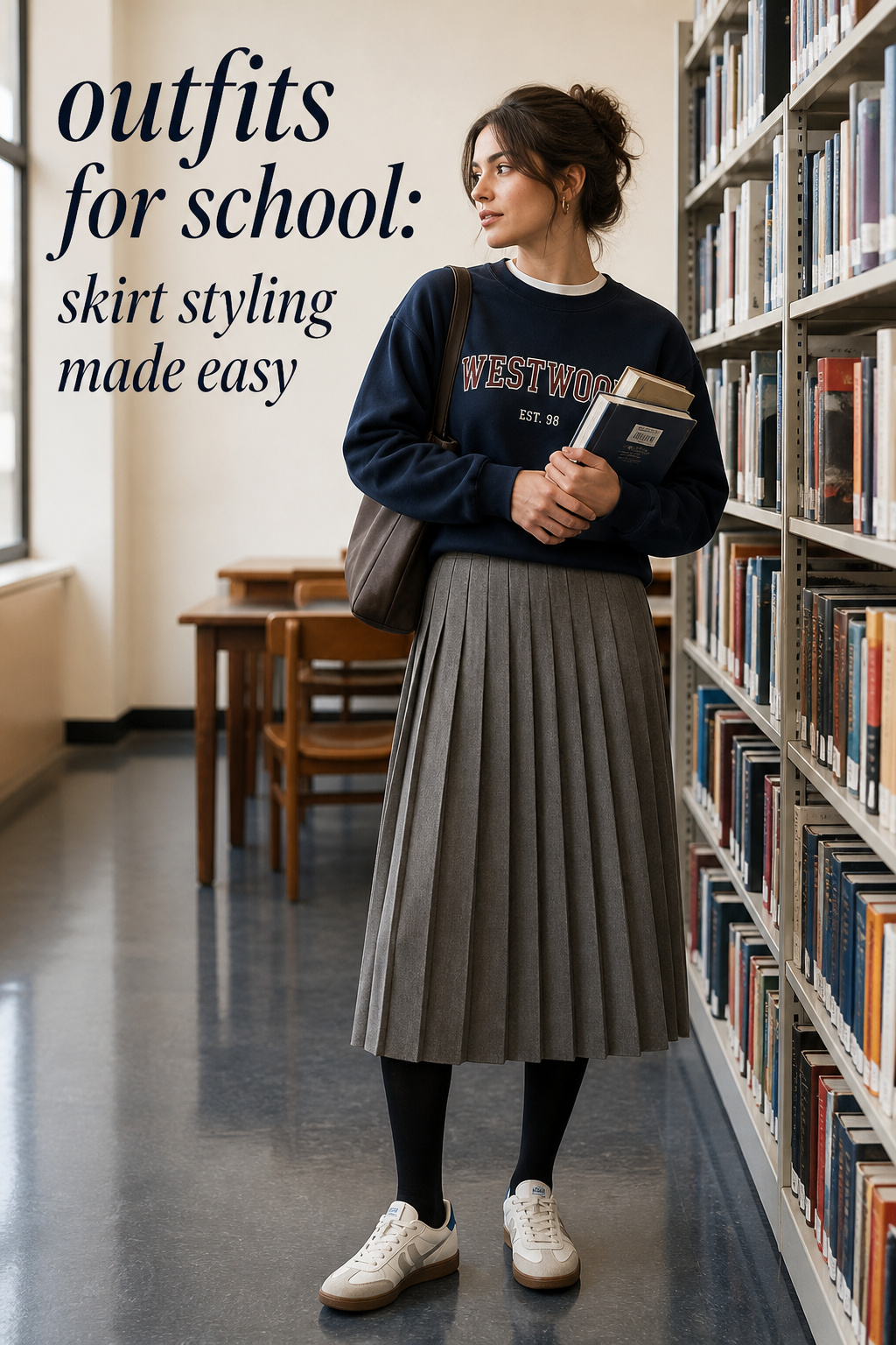 outfits for school with relaxed trousers, sweater, scarf, and sneakers on a cool campus