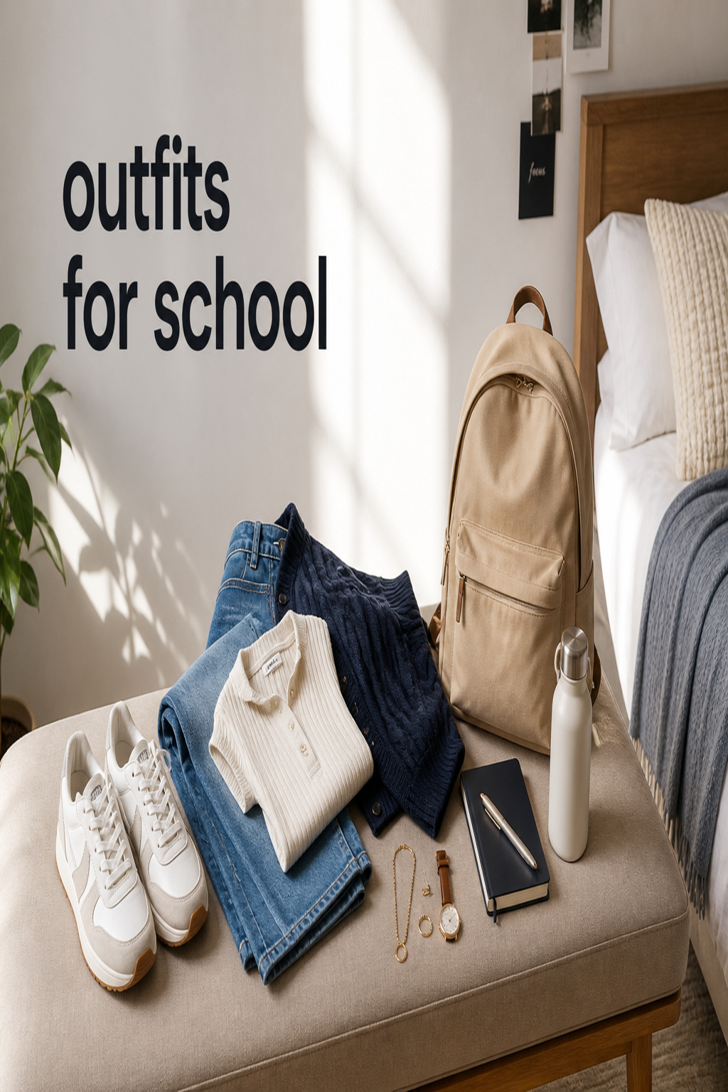outfits for school with straight jeans, white tee, cardigan, and sneakers in a hallway
