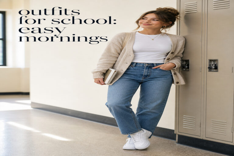 outfits for school wardrobe with jeans, knit top, cardigan, sneakers, backpack, and accessories