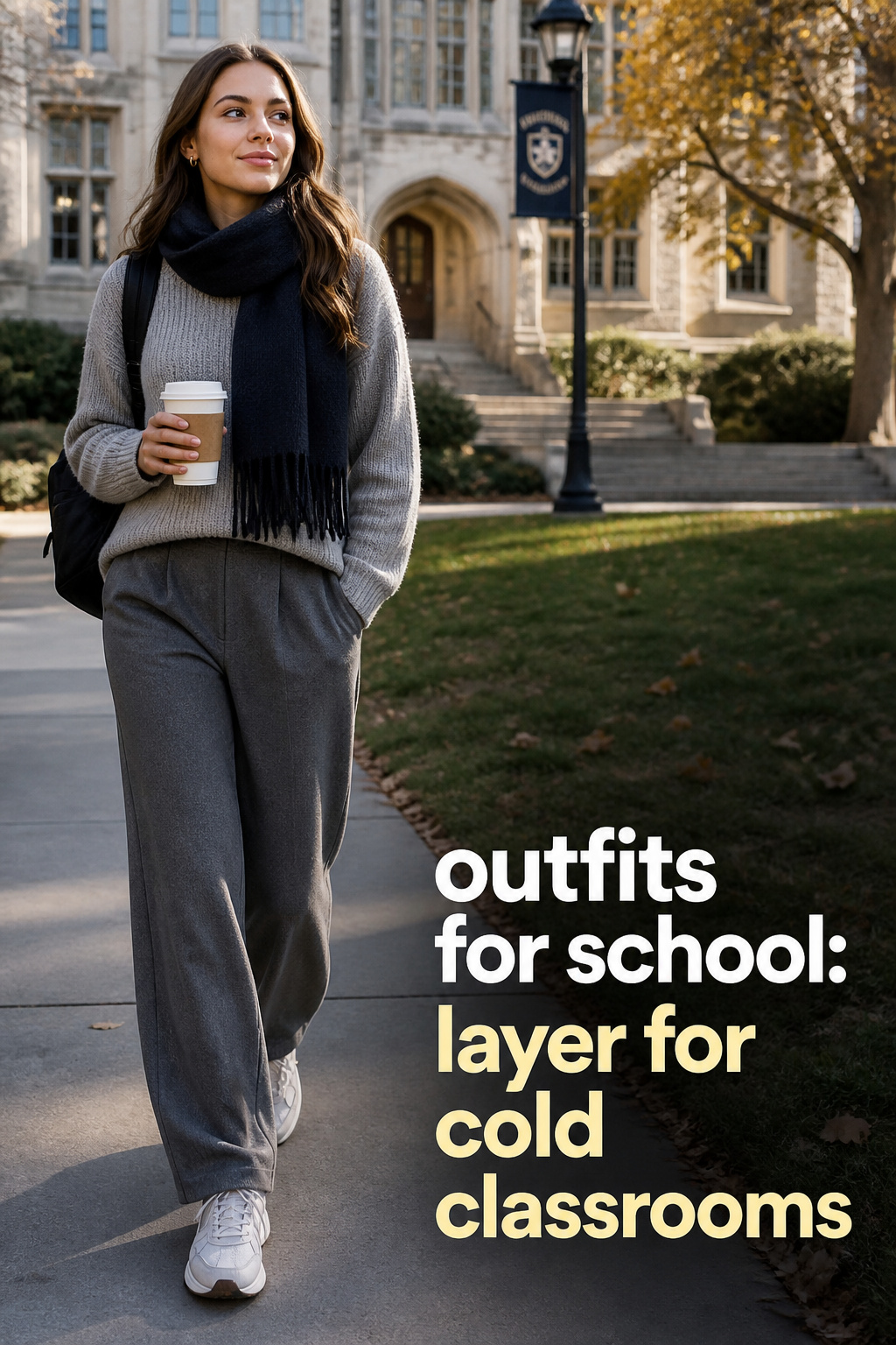 outfits for school with utility overshirt, cargo pants, backpack, and sneakers outside a club room
