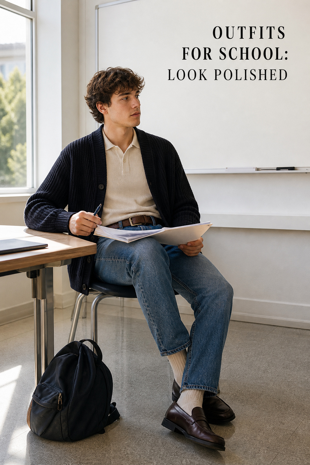 outfits for school with knit polo, straight jeans, loafers, and cardigan in a classroom