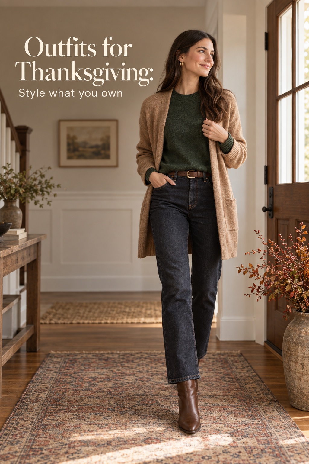 Outfits for Thanksgiving with dark jeans, green knit, and camel cardigan