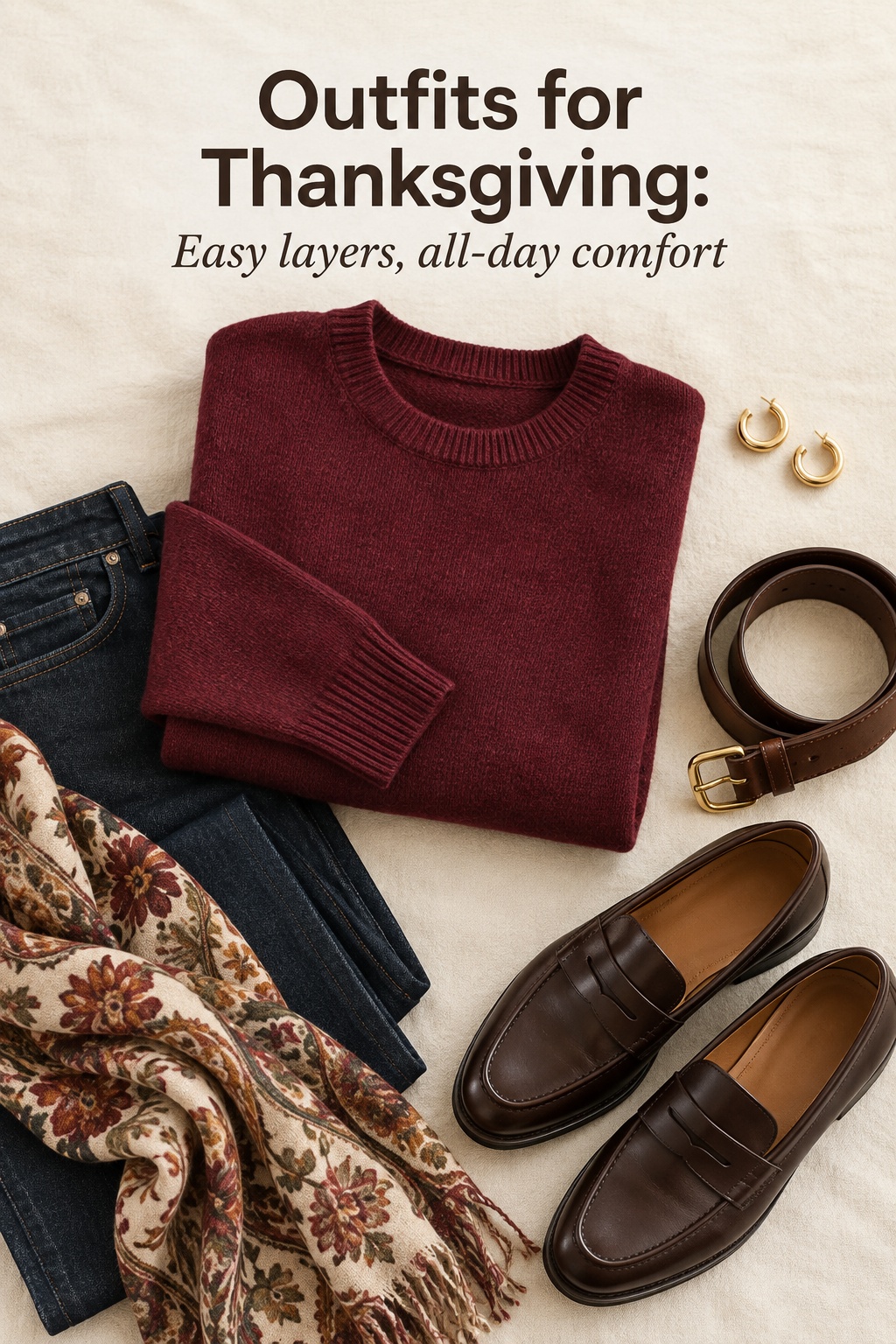 Outfits for Thanksgiving flat lay with cranberry knit, dark jeans, and loafers