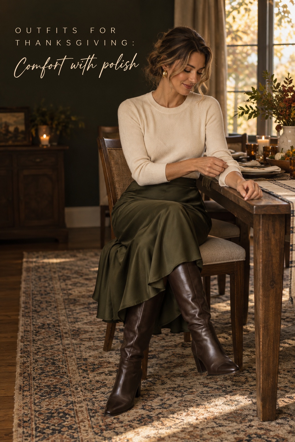 Outfits for Thanksgiving with cream knit, olive midi skirt, and tall boots