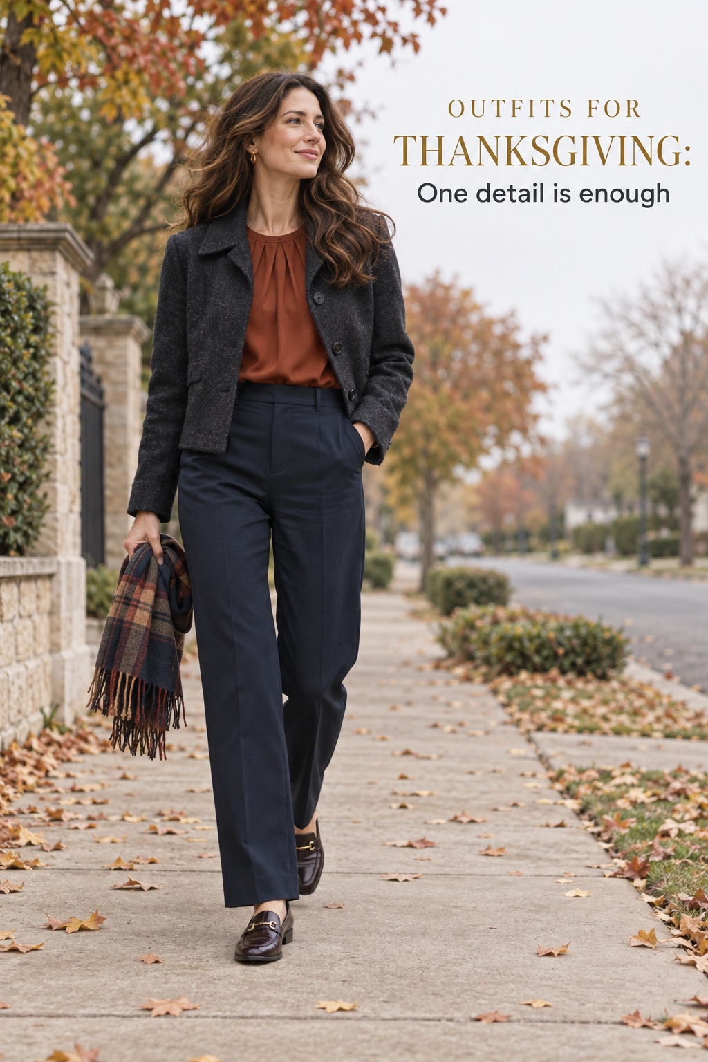 Outfits for Thanksgiving in navy trousers, rust blouse, and charcoal jacket