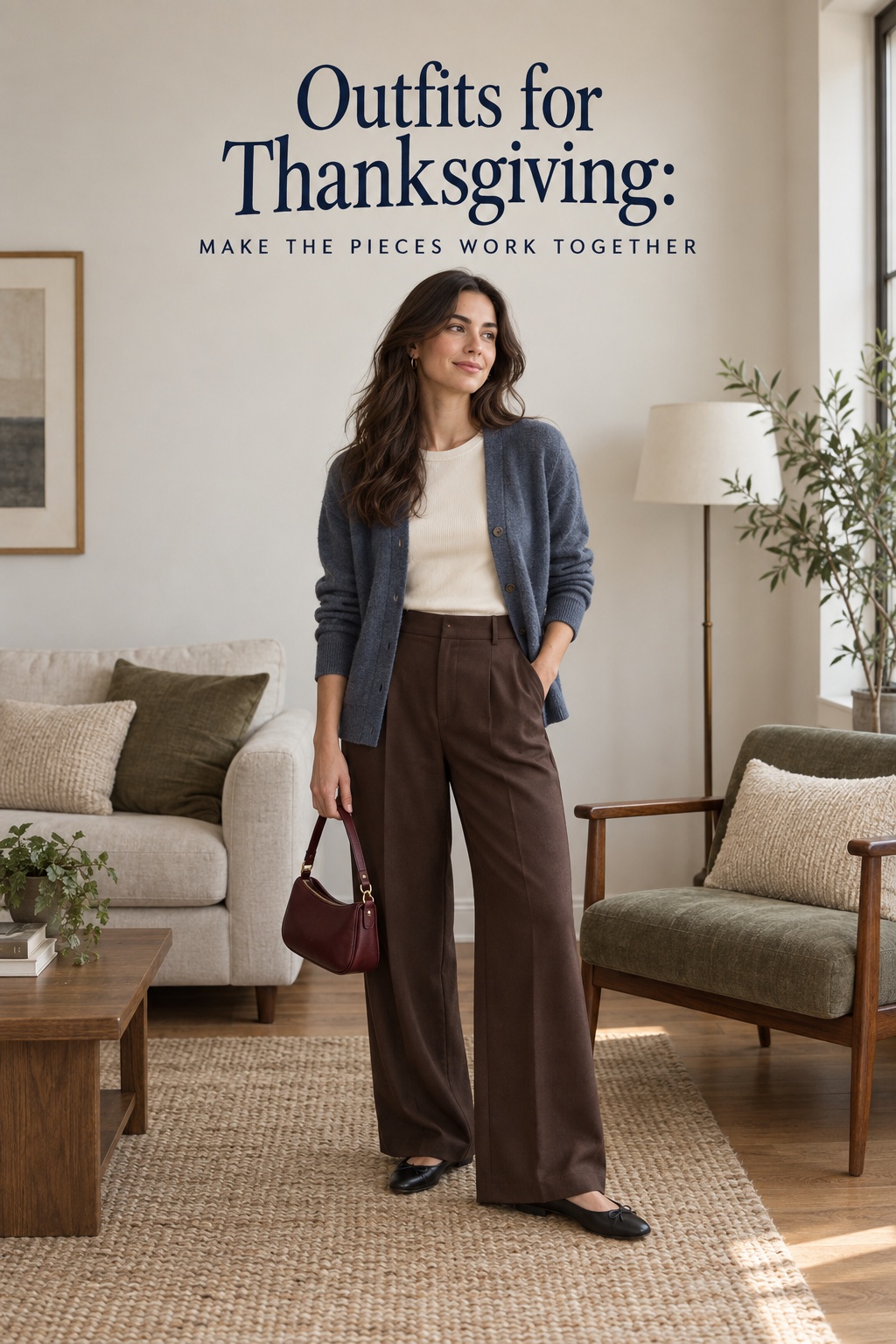 Outfits for Thanksgiving with blue cardigan and chocolate wide-leg trousers
